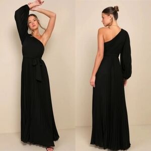 Lulu's Divine Charm Black Pleated One-Shoulder Maxi Dress Wedding Party Guest